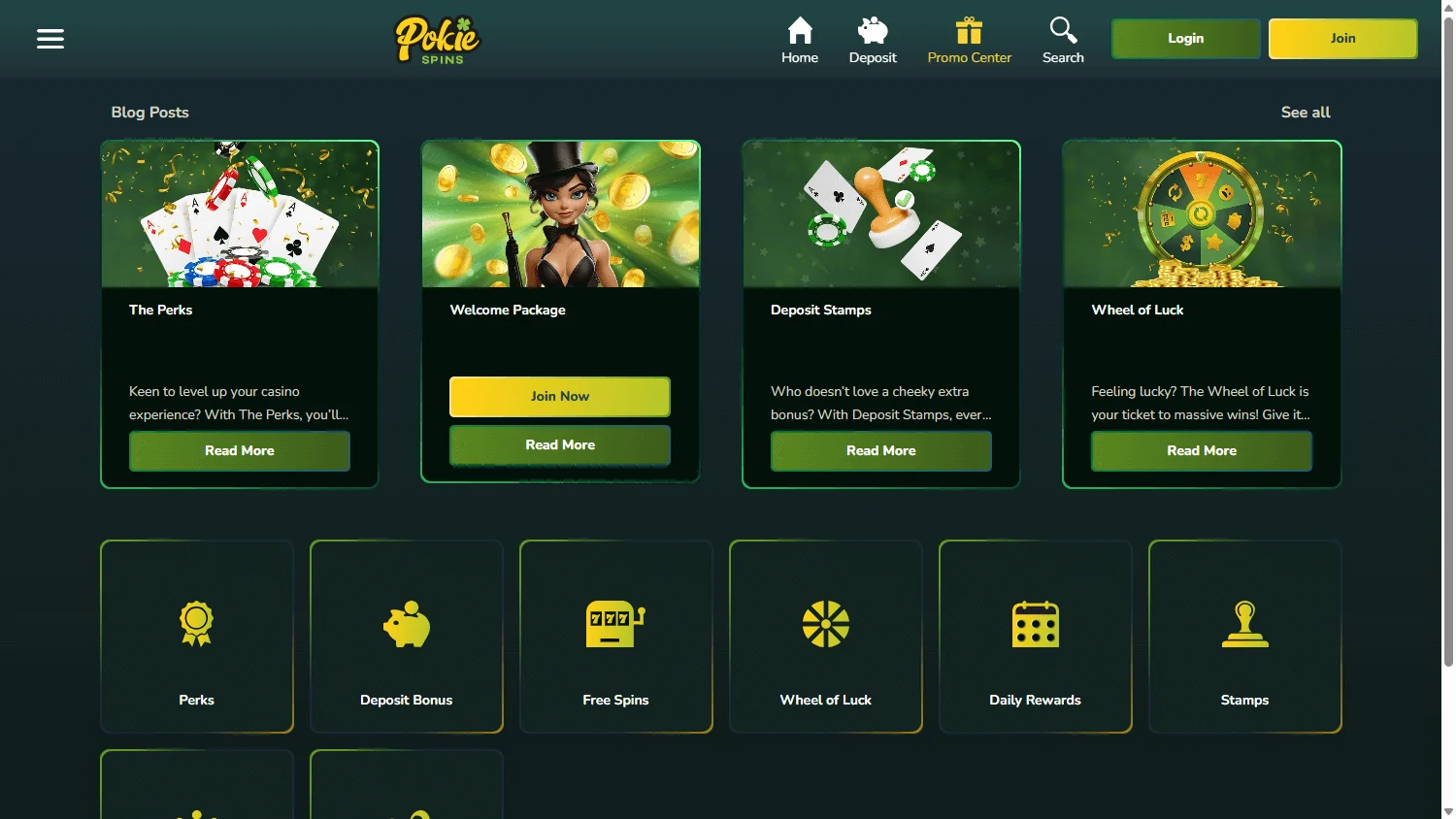 Pokiespins Casino desktop promotions showing welcome and regular rewards