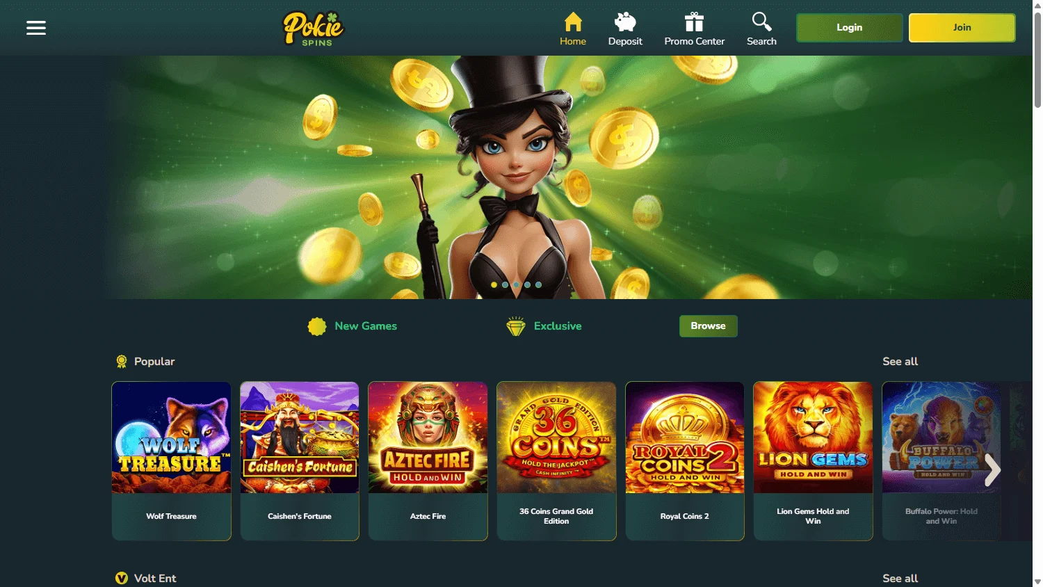 Pokiespins Casino desktop home with casino games and account offer